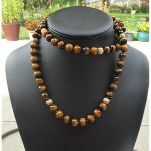 Long Tigers Eye Necklace With Gold Spacer Beads 10K Gold Clasp 32" long 100 Gram